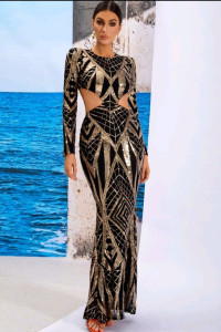 E095 Black and Gold Dress with Cut-out
